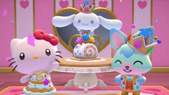 Hello Kitty games: Hello Kitty, a player character that looks like a blue bunny with a pink mouth, and Cinnamoroll surrounding a funfetti Swiss roll cake with three star candles in it in front of a heart mirror on a striped pink wallpaper.