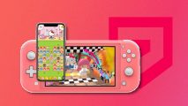 Hello Kitty games: On a red-pink PT background there is a coral pink Switch Lite playing Happiness Parade and a vertical iPhone playing Hello Kitty Friends, both outlined in white and using a black drop shadow.