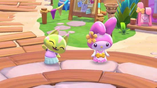 Hello Kitty games: A screenshot from Hello Kitty Island Adventure of a green and yellow cat character smiling and waving next to My Melody