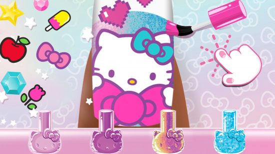 Hello Kitty games: A screenshot from Hello Kitty Nail Salon showing a detailed pastel-toned Hello Kitty nail art piece that uses pixel hearts and glittery polishes.