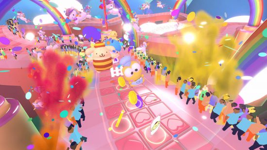 Hello Kitty games: A screenshot from the Switch version of Happiness Parade showing a parade with Purin and Keroppi