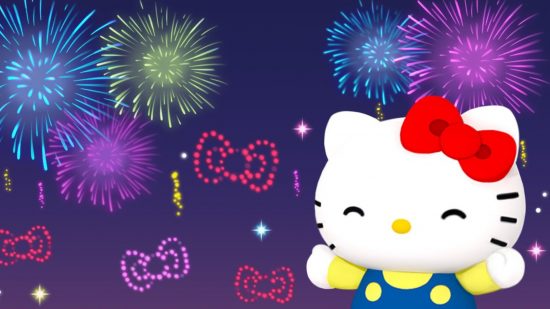 Hello Kitty games: An art piece from the My Hello Kitty Cafe devs Twitter of Kitty smiling at some fireworks