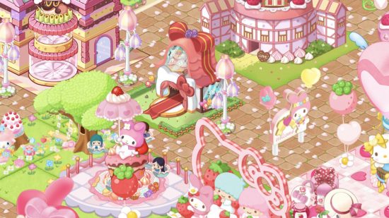Hello Kitty games: A busy screenshot of a Sanrio theme park in Hello Kitty World 2