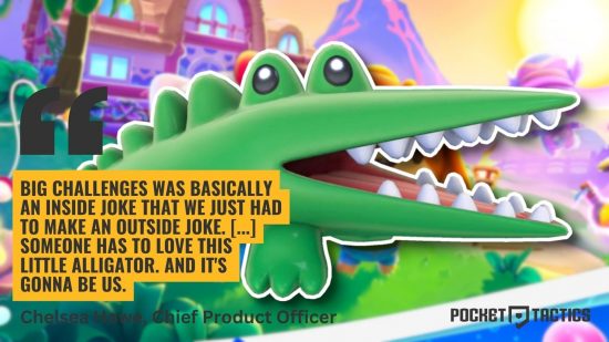 Hello Kitty Island Adventures interview - Big Challenges the alligator behind a quote that says "Big Challenges was basically an inside joke that we just had to make an outside joke. [...] Someone has to love this little alligator. And it's gonna be us."