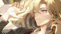 Aventurine from the current Honkai Star Rail banner, laying back as he holds a phone to his ear and sunlight bathes his face