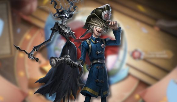 Identity V characters: The Shadow and the Fire Investigator drop-shadowed on a blurred promotional image of a heart of yarn in a glass ball