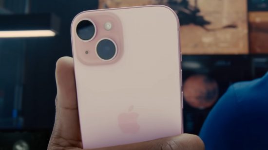 Screenshot of a pink iPhone from official Apple promo clip for iPhone 16 hardware upgrades news
