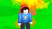 Kamehameha Simulator codes - an avatar in a blue pizza jumper and red beanie stood in front of a tree that's on fire