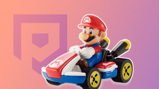 Custom image for Mario Kart Hot Wheels guide with Mario in his car on a purple background