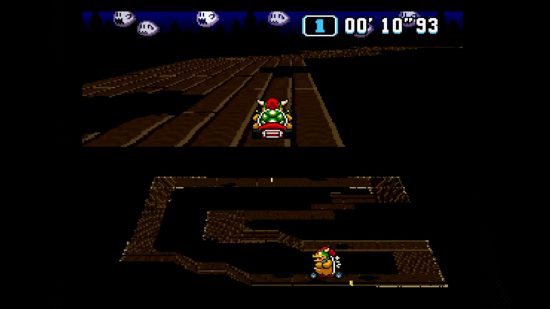 Screenshot von Bowser auf dem Ghost Valley 3 SNES-Kurs für den besten Mario Kart-Streckenführer