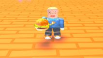 Mewing Simulator codes - a small boy with a spotty face in a pizza jumper holding a burger