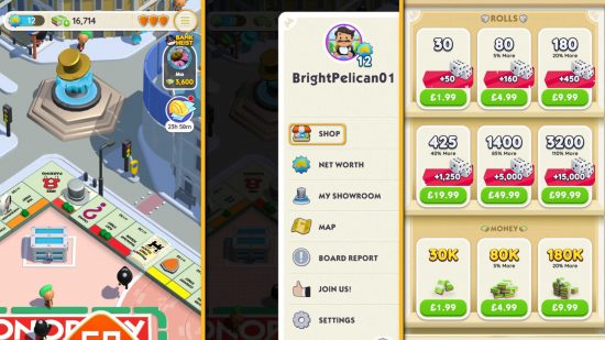 Screenshots showing how to buy Monopoly Go dice in the shop