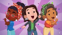 Monopoly Go Full Bloom - promotional art from International Woman's Day showing three female characters from Monopoly Go celebrating together