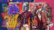 Monster Prom trilogy physical release: Three Monster Prom characters (a purple Cthulu girl, a skeleton person with a red shirt on, and a horned and winged person with red hair) outlined in white and pasted on a blurred graphic of the double pack bundle