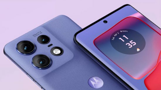 Screenshot from Motorola Edge 50 Pro launch Flipkart page showing the phone's back panel and main display in a purpley blue color