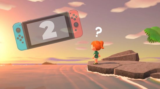 new Animal Crossing game - a character staring at a Nintendo Switch in the sky on a desert island