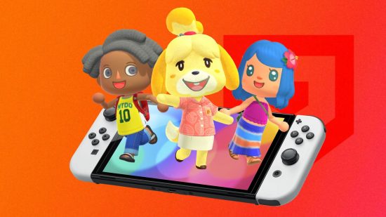 new Animal Crossing game - three Animal Crossing characters coming out of a Nintendo Switch