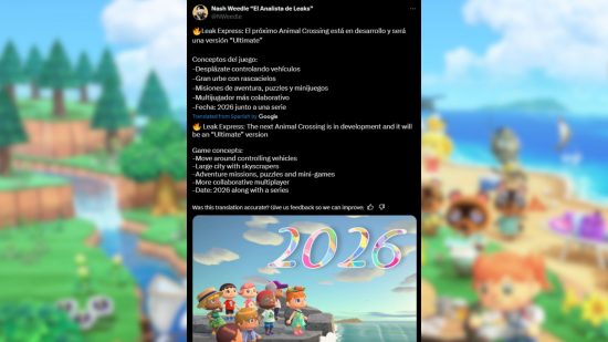 new Animal Crossing game - a screenshot of a tweet supposedly leaking information