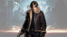 New Resident Evil: Leon Kennedy stood in his brown Jacket, holding a gun, stood in front of key art for Resident Evil 2 featuring zombies