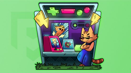 Nightmarket Games keyart showing a cat in front of a gaming booth in front of a light green background