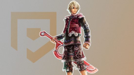 Custom image for best open world games on Switch and mobile guide with Xenoblade Chronicles' Shulk on a champagne colored background