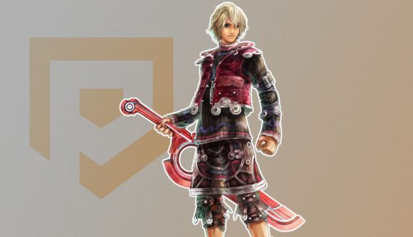 Custom image for best open world games on Switch and mobile guide with Xenoblade Chronicles' Shulk on a champagne colored background