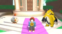 Pal Tower Defense codes: A screenshot from Pal Tower Defense of a Roblox avatar wearing a PT shirt and a red beanie. Next to them on either side is a Chikipi andd a Grizzbolt from Palworld