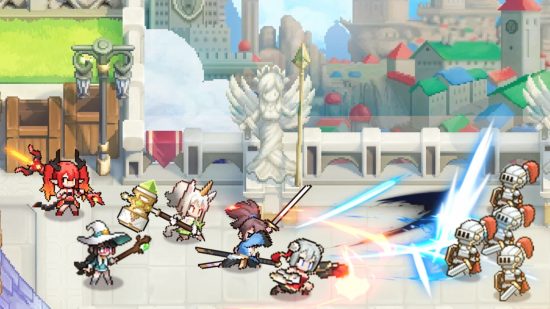 Pixel Heroes codes: a screenshot showing the heroes fighting some knights on a bridge with a castle in the background