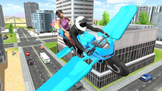 Screenshot of Flying Motorbike Simulator with a passenger on a flying bike for best plane games guide