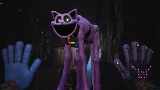 Poppy Playtime Chapter 3: A screenshot from Poppy Playtime Chapter 3 with CatNap's horrific long purple body pasted on top between the two hands of the GrabPack