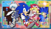 Puyo Puyo PUzzle Pop release date: Two Puyo characters flanking Sonic, all outlined in white and pasted on a blurred screenshot of the new game's multiplayer mode
