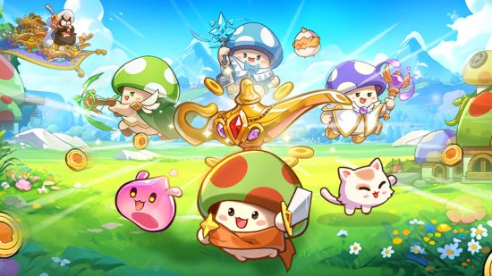 Art from one of the best relaxing games, Legend of Mushroom, showing a group of mushrooms charging into battle