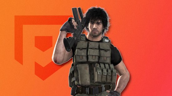 Resident Evil's Carlos standing with his weapon over his shoulder in front of a red and orange Pocket Tactics background