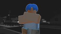 Revengers Dream codes: A Roblox Revengers Dream character with blue hair and crossed arms outlined in white and pasted on a greyscale landscape screenshot from the game