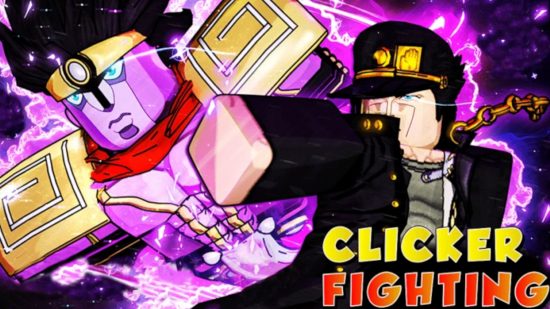 Key art for Roblox Clicker Fighting Simulator games with two battling characters for best Roblox clicker games guide