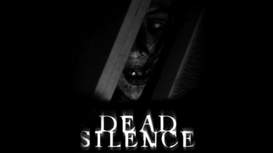 Roblox horror games Dead Silence keyb art showing a scary face peeking through a crack in the darkness