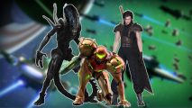 Custom image for best sci-fi games guide with Samus from Metroid Prime Remastered, Zack Fair from Crisis Core, and a Xenomorph from Alien Isolation on screen with a No Man's Sky dogfight background