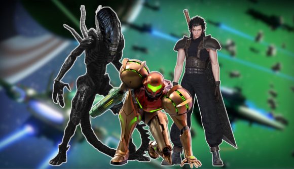 Custom image for best sci-fi games guide with Samus from Metroid Prime Remastered, Zack Fair from Crisis Core, and a Xenomorph from Alien Isolation on screen with a No Man's Sky dogfight background