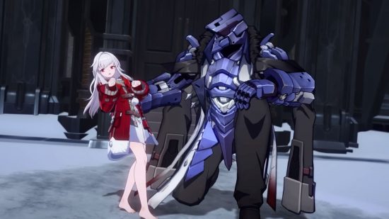 Screenshot of the robot Svarog holding Clara, a player character, in Honkai Star Rail for best sci-fi games guide