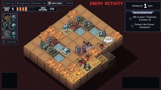 Screenshot of a battle on a sandy planet in Into the Breach for best sci-fi games guide