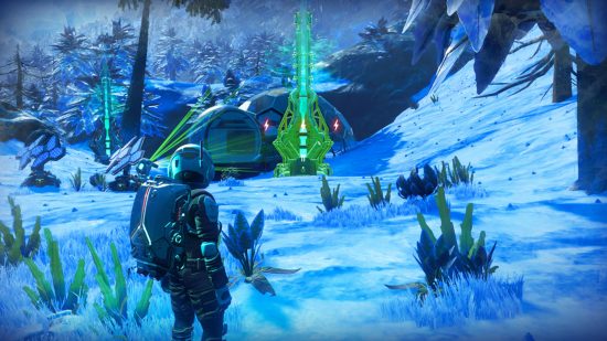 Screenshot of a space base on a snowy planet in No Man's Sky for best sci-fi games guide