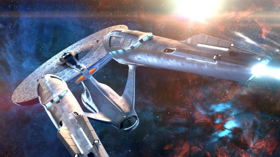 Screenshot of the Enterprise in space in Star Trek Fleet Command for best sci-fi games guide