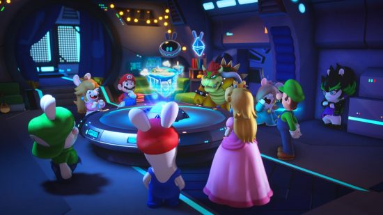 Screenshot of Mario vs Rabbids Sparks of Hope with all the gang stood around a projection for best sci fi games guide