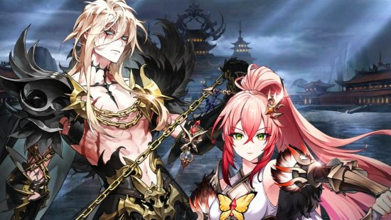 Seven Knights Idle Adventure Kyle key art showing a man and a woman posing next to each other in front of a night sky