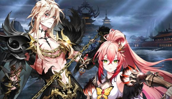 Seven Knights Idle Adventure Kyle key art showing a man and a woman posing next to each other in front of a night sky