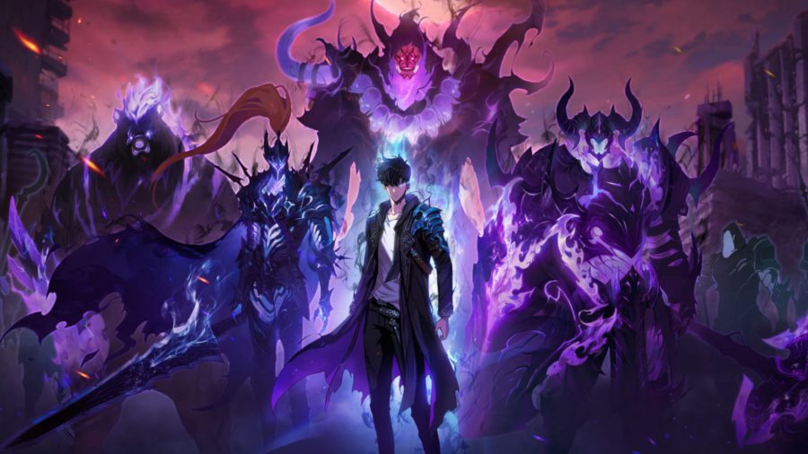 Solo Leveling Arise key art showing the protagonist with demons behind him
