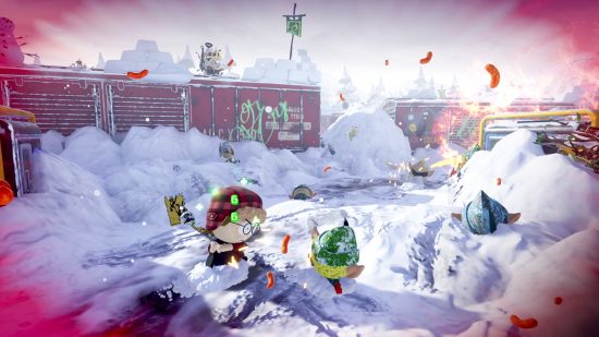 South Park: Snow Day Switch review - two children dressed up and fighting in the snop with cheese puffs flying through the air