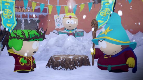 South Park: Snow Day Switch review - Kyle and Cartmen facing eachother in the snow while Butters looks over them
