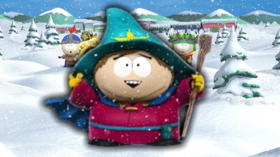 South Park: Snow Day Switch review - Eric Cartmana dressed as a wizard smiling in front of a field of snow