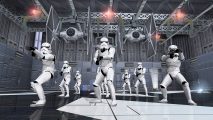 Star Wars Battlefront Classic Collection screenshot showing Stormtroopers firing their guns in the hangar